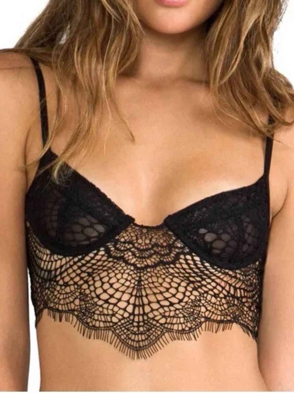 For Love & Lemons Bat Your Lashes Bralette Black Lace Sheer Crop Goth Coquette S